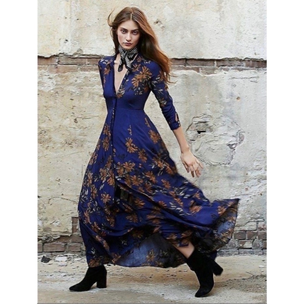 Free People After The Storm Maxi Dress Blue Floral Button Front Long Sleeve 2
